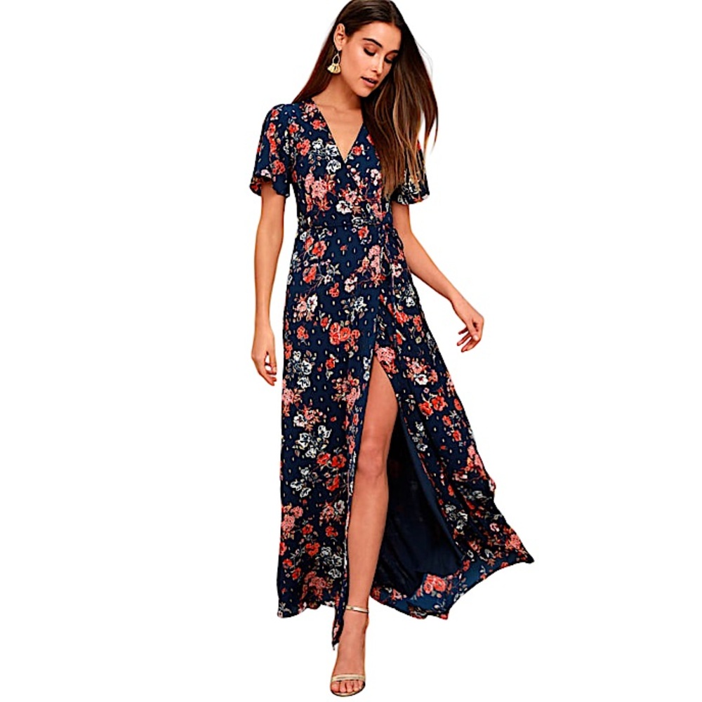 Lulu's Divine Days Navy Blue Floral Flutter Sleeve Wrap Maxi Dress